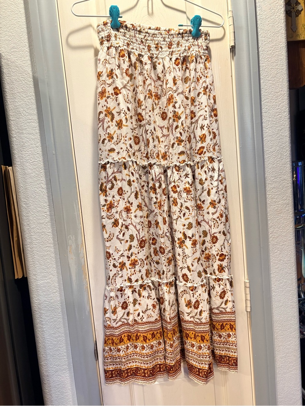 Boho Tiered Floral Maxi Skirt - White with Mustard Brown Print